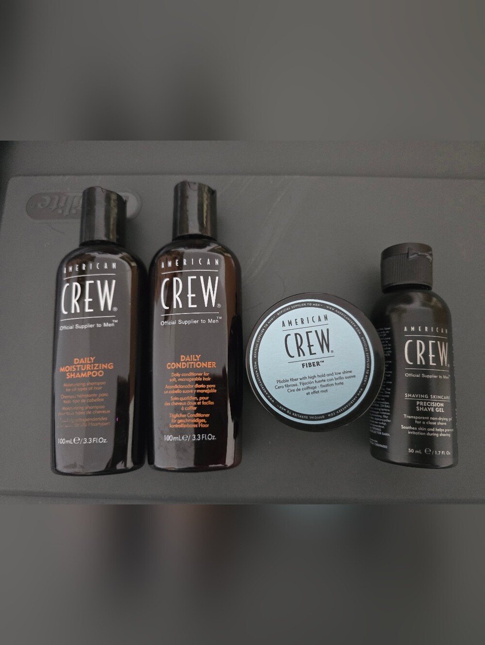 THREE American Crew 4-piece travel set-shampoo,conditioner,fiber Cream,shave Gel
